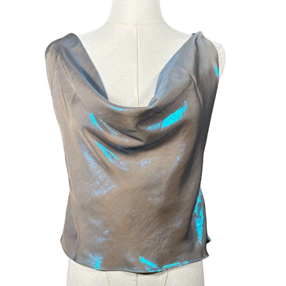 My Beachy Side Iridescent Blue Cowl Neck Beaded Open Back Top Medium